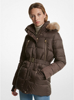 MICHAEL KORS Faux Fur Trim Quilted Belted Puffer Jacket - Chocolate image 1