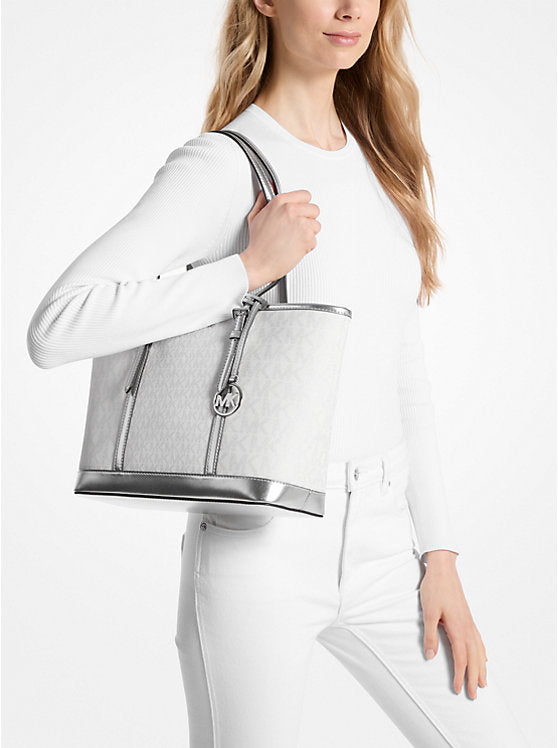MICHAEL KORS  Jet Set Travel Small Metallic Logo Top-Zip Tote Bag - Silver image 1