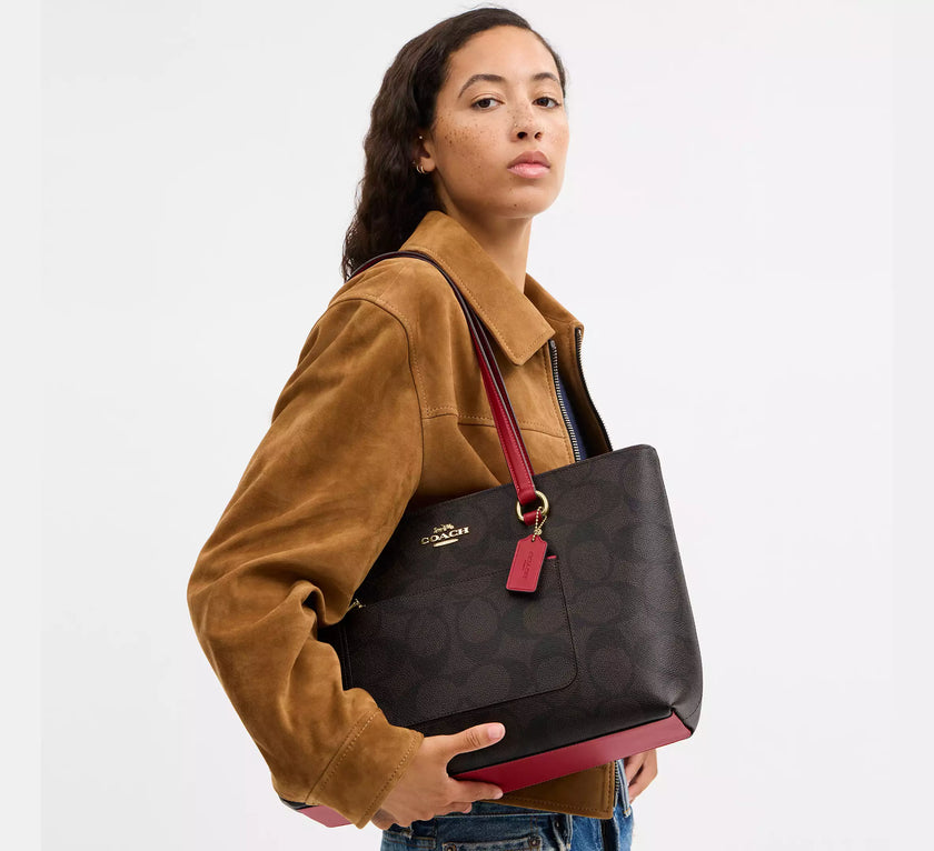 COACH Station Tote Bag In Maxi Signature Canvas Walnut/True Red (Arriving In Delhi) image 4