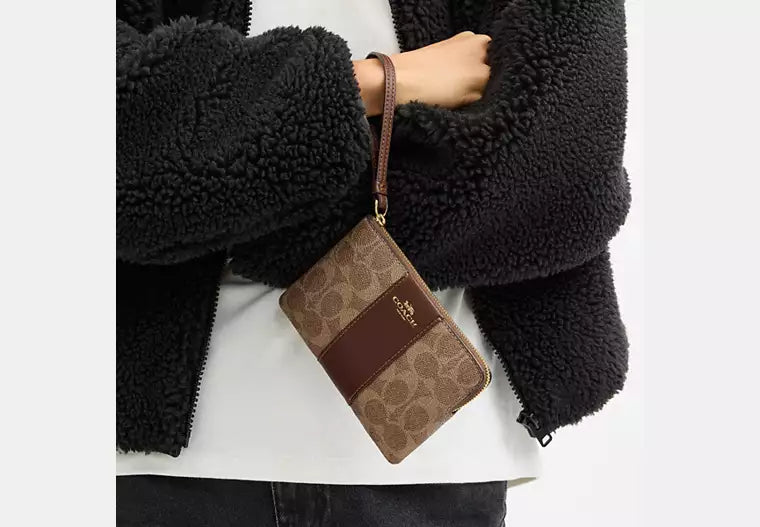 COACH Corner Zip Wristlet In Signature Canvas With Stripe - Gold/Tan/Brown image 1