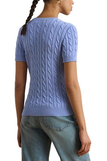 [AT DELHI] LAUREN RALPH LAUREN Women's Cable-Knit Short-Sleeve Embroidered Sweater - Banker Blue
