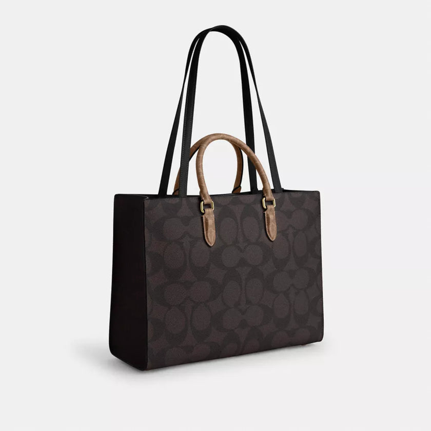 [AT DELHI]  COACH Maggie Tote Bag In Blocked Signature Canvas - Gold/Walnut/Tan image 3