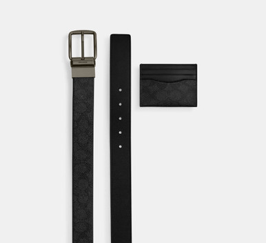 COACH Boxed Card Case And Belt Set In Signature Canvas - Gunmetal/Charcoal/Black image 0