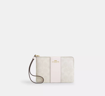 COACH Corner Zip Wristlet In Signature Canvas With Stripe - Gold/White/Chalk