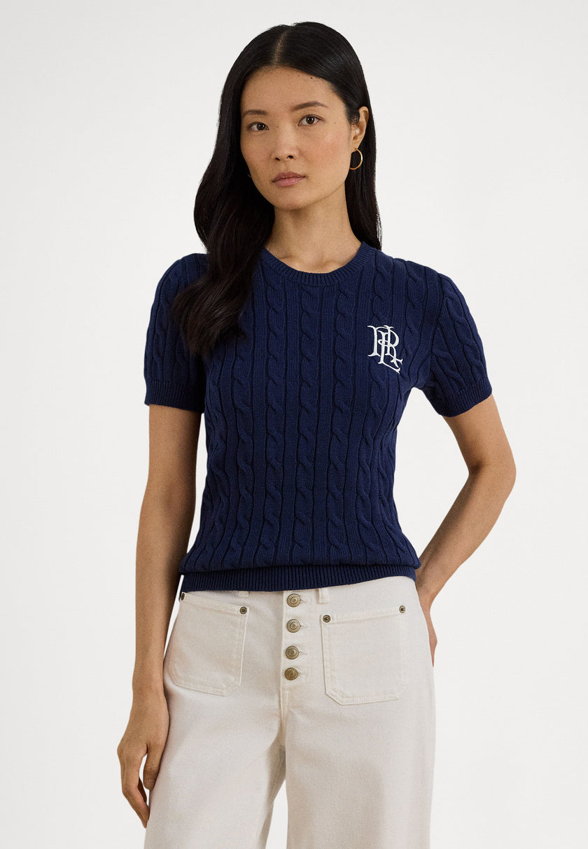 [AT DELHI] LAUREN RALPH LAUREN Women's Cable-Knit Short-Sleeve Embroidered Sweater - Refined Navy