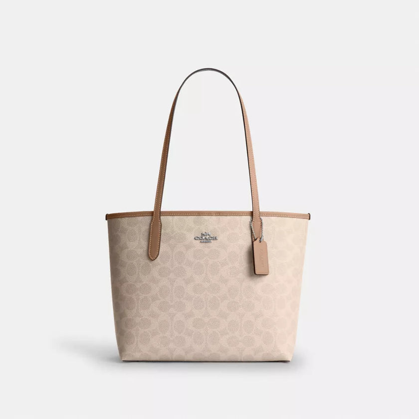 COACH Medium City Tote Bag In Signature Canvas - Silver/Sand/Taupe image 0