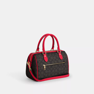 COACH Rowan Satchel Bag In Signature Canvas - Walnut/Bold Red image 0