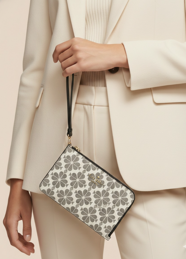 [AT DELHI] Kate Spade Lucy Spade Flower Small L-Zip Wristlet - Black Multi image 0