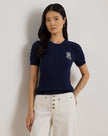 [ARRIVING] LAUREN RALPH LAUREN Women's Cable-Knit Short-Sleeve Embroidered Sweater - Refined Navy image 0