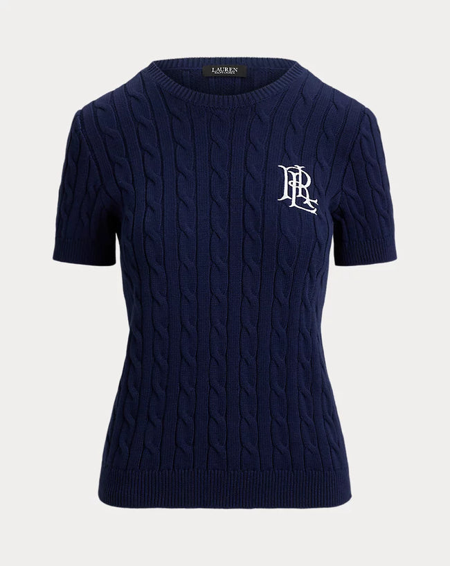 [ARRIVING] LAUREN RALPH LAUREN Women's Cable-Knit Short-Sleeve Embroidered Sweater - Refined Navy image 1