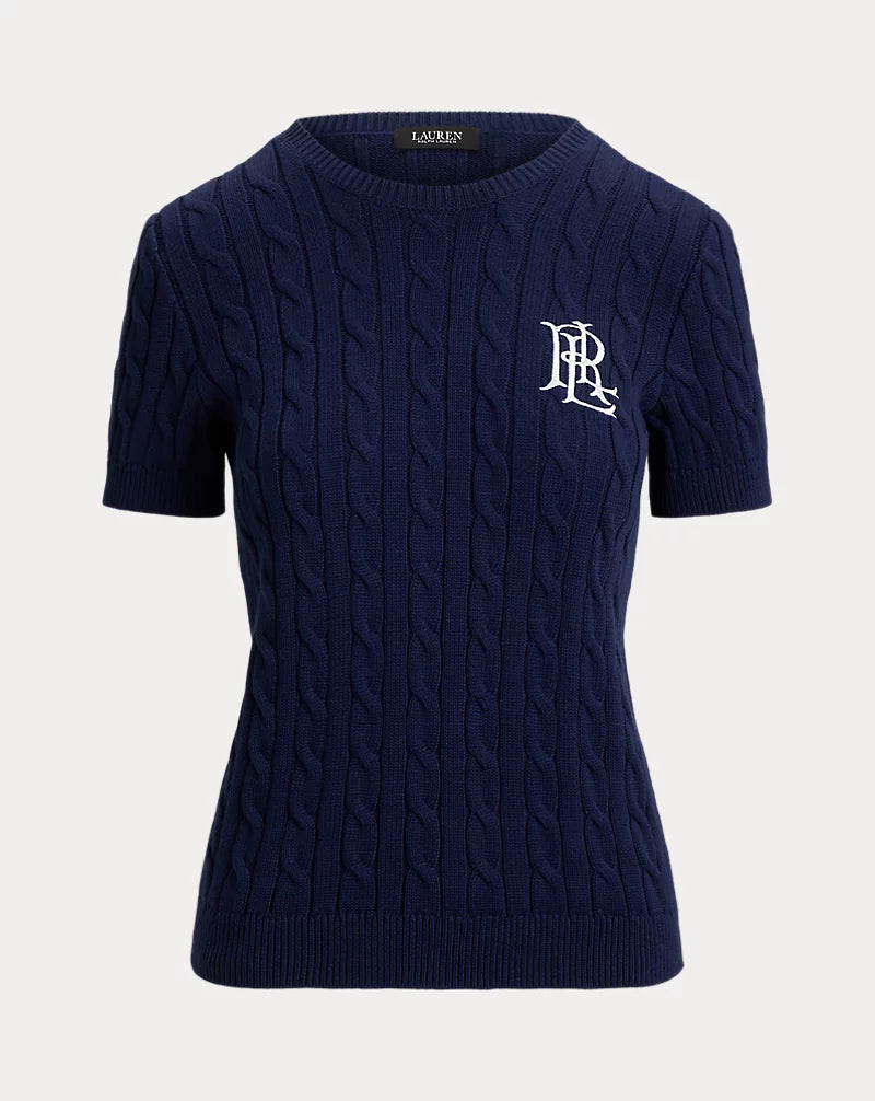 [ARRIVING] LAUREN RALPH LAUREN Women's Cable-Knit Short-Sleeve Embroidered Sweater - Refined Navy image 1