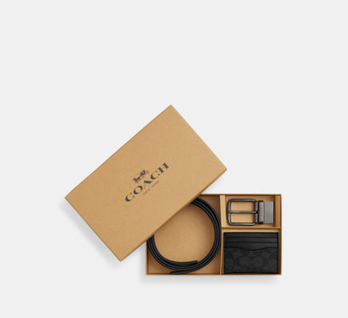 COACH Boxed Card Case And Belt Set In Signature Canvas - Gunmetal/Charcoal/Black image 1