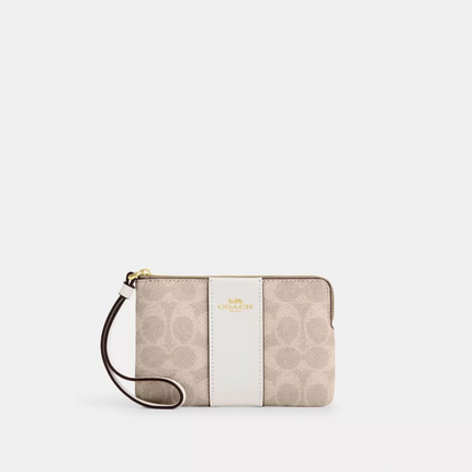 COACH Corner Zip Wristlet In Signature Canvas With Stripe - Gold/Sand/Chalk image