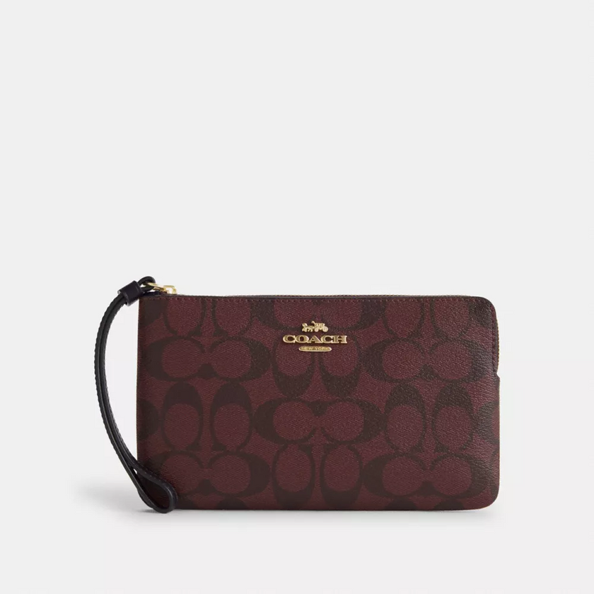 COACH Large Corner Zip Wristlet In  Signature Canvas - Gold/Khaki Saddle 2 image