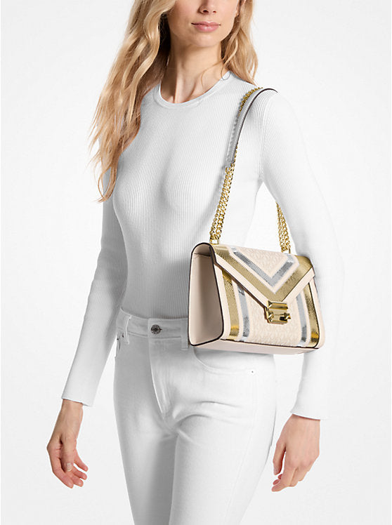 [AT DELHI] MICHAEL KORS  Whitney Medium Signature Logo and Metallic Shoulder Bag - Pl Gld Multi image 1