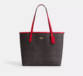 COACH City Tote Bag In Signature Canvas - Gold/Walnut/Bold Red image 3