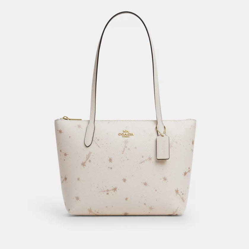 COACH Fiona Zip Tote Bag With Star Print - Gold/Chalk Multi image 0