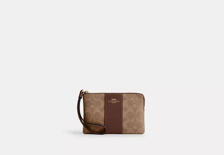 COACH Corner Zip Wristlet In Signature Canvas With Stripe - Gold/Tan/Brown image 0