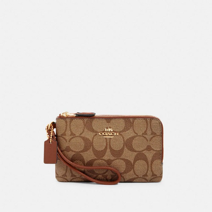 COACH Double Corner Zip Wristlet In Signature Canvas - GOLD KHAKI REDWOOD image
