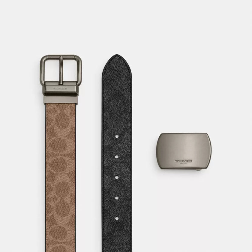 COACH Boxed Roller Buckle Cut-To-Size Reversible Belt, 38 Mm - Tan Charcoal image 1