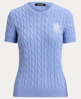 [ARRIVING] LAUREN RALPH LAUREN Women's Cable-Knit Short-Sleeve Embroidered Sweater - Banker Blue image 1