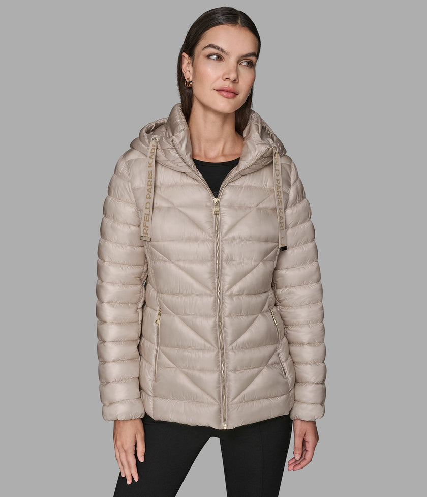 KARL LAGERFELD Short Puffer Jacket With Logo - Champagne (Arriving In Delhi) image 0
