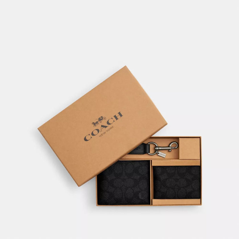 COACH Boxed 3 In 1 Wallet Gift Set In Signature Canvas - Gunmetal/Charcoal/Black image 0