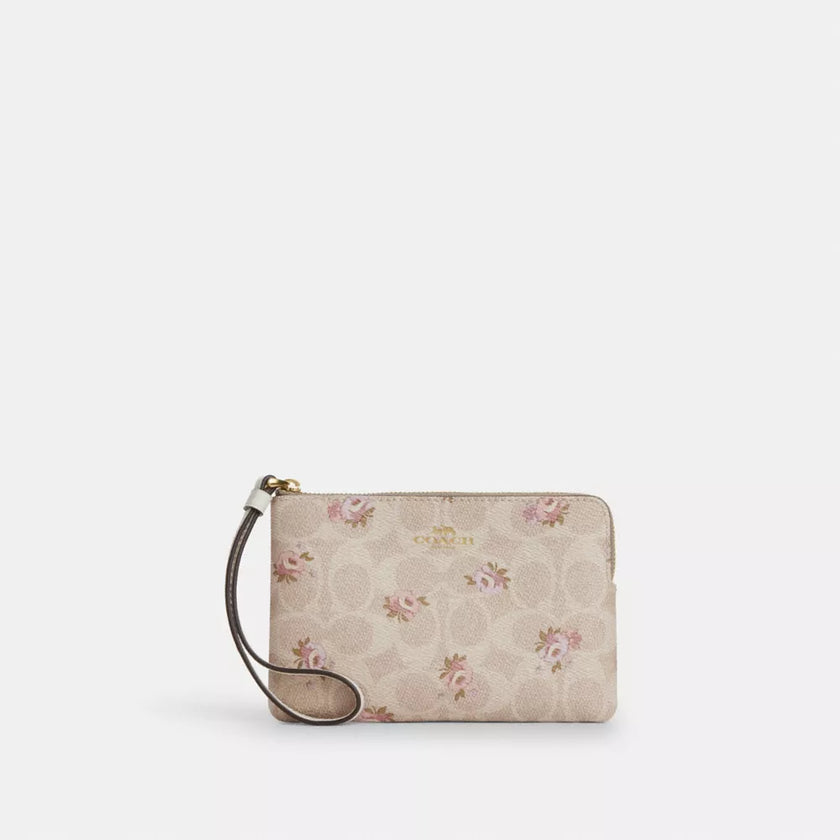 [AT DELHI] COACH Corner Zip Wristlet In Signature Canvas With Floral Print - Gold/Sand Multi image 0