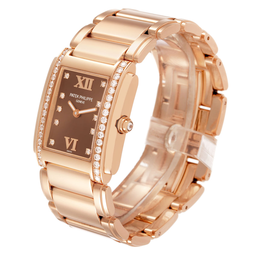 Patek Philippe Twenty~4 Rose Gold Diamond Chocolate Dial 4910R 25 × 30 mm
