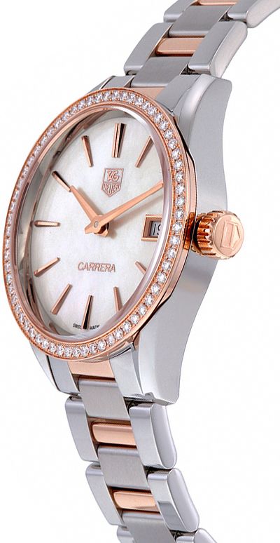 TAG HEUER Carrera Solid Rose Gold & Stainless Diamond Women'S Watch War1353.Bd0779 2