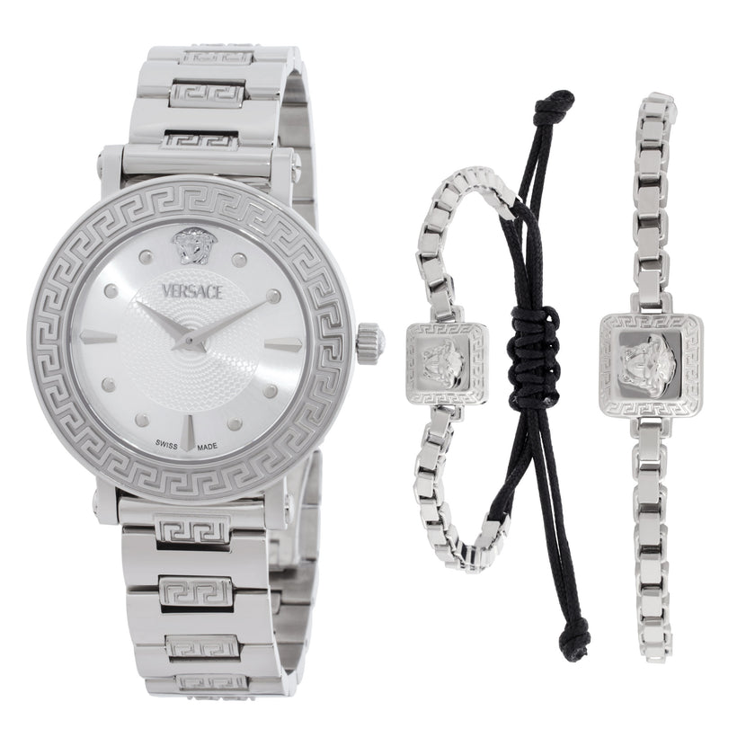VERSACE Greca Sphere Quartz Silver Dial Ladies Watch Box Set