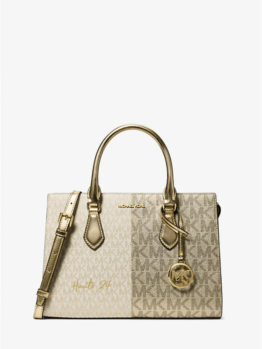 [At India] MICHAEL KORS Sheila Medium Two-Tone Metallic Signature Logo Satchel - Pale Gold