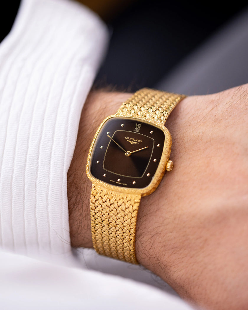 [Classic]  Longines Dress Watch, Cushion case, Chocolate Dial, Gold Mesh Bracelet 30 × 30mm