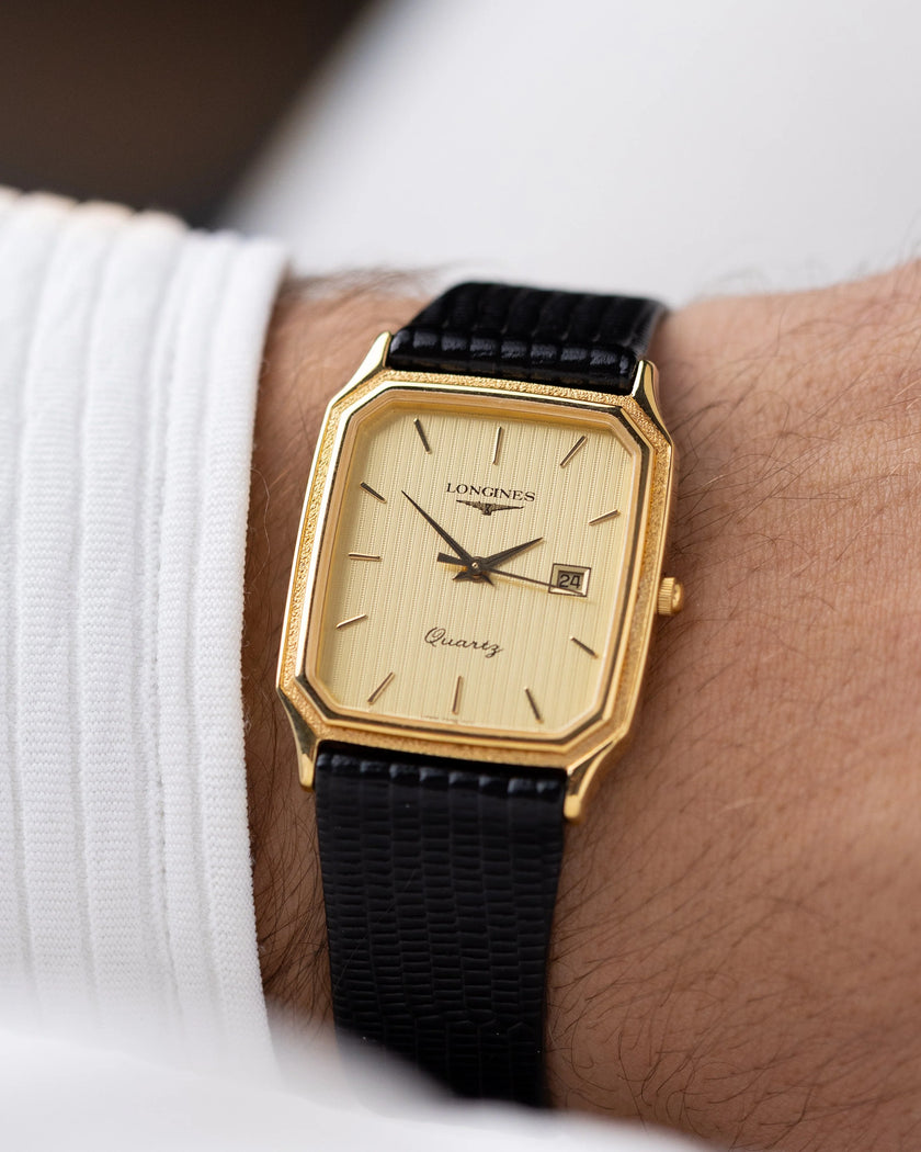 [Classic]  Longines Swiss Quartz Watch, Date Window, Art Deco Tank, Stripped Dial 28mm  x 36.5mm